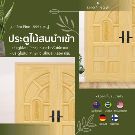 ประตูไม้สน บานคู่ ไม่เจาะลูกบิด D2D ECO PINE - 555 80x200 ซม. สีธรรมชาติ_2