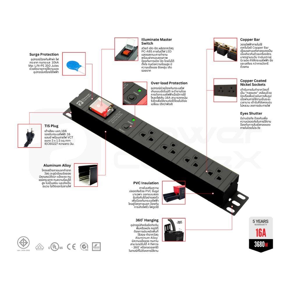 รางปลั๊กไฟ 6 ช่อง 1 สวิตช์ POWERCONNEX PXC5PHTTS-TS06-B 16 แอมป์ 3 ม. สีดำ