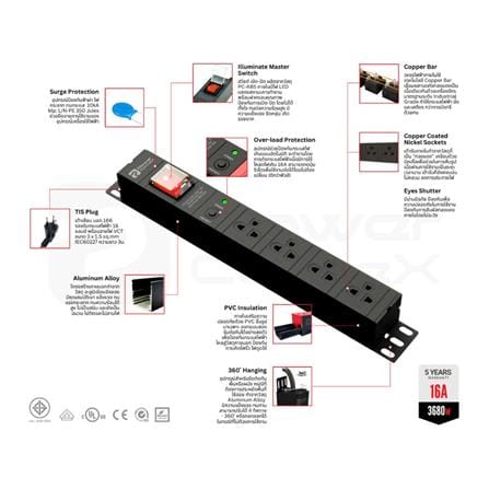 รางปลั๊กไฟ 6 ช่อง 1 สวิตช์ POWERCONNEX PXC5PHTTS-TS06-B 16 แอมป์ 3 ม. สีดำ_3