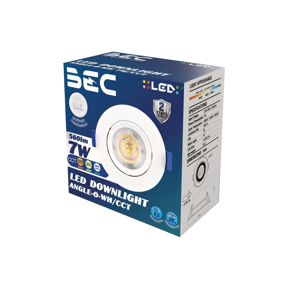 ดาวน์ไลท์ LED BEC ANGLE 2.7 นิ้ว 7 วัตต์ DAYLIGHT/COOL WHITE/WARM WHITE สีขาว