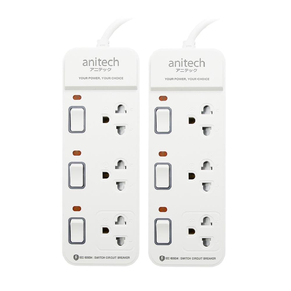 รางปลั๊กไฟ 3 ช่อง 3 สวิตช์ ANITECH H2233-PRO 10 แอมป์ 3 ม. สีขาว (1 แถม 1)