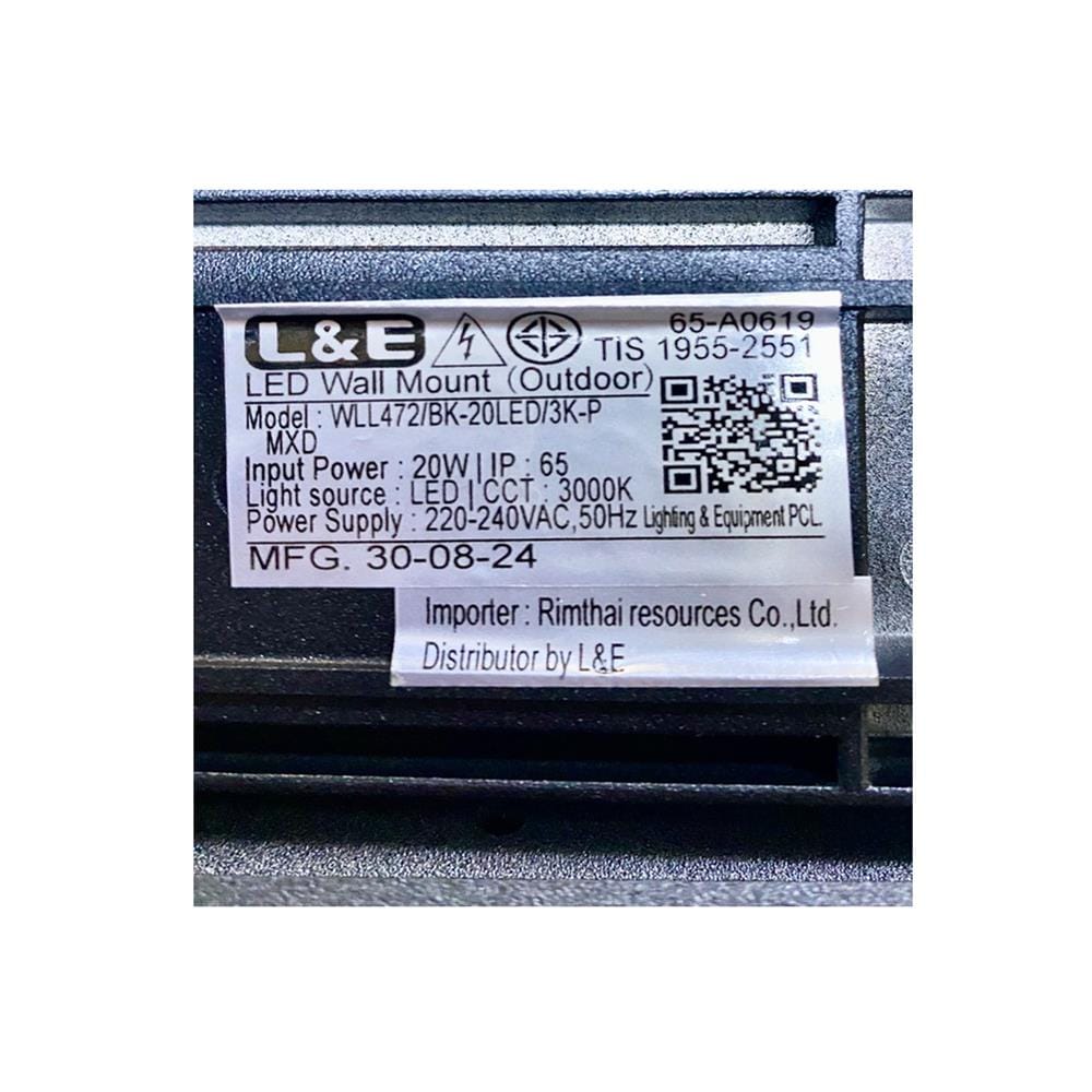 ไฟผนังภายนอก LED L&E 65-A0619 20 วัตต์ WARM WHITE สีดำ
