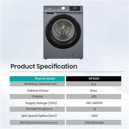 เครื่องซักผ้าฝาหน้า HISENSE WF105N1 10.5 กก. 1400 RPM อินเวอร์เตอร์ สีเทา_10