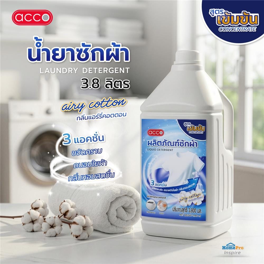 น้ำยาซักผ้าสูตรเข้มข้น ACCO 3.8 ลิตร AIRY COTTON