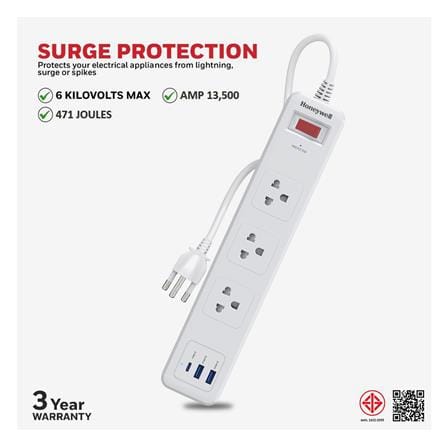 ปลั๊กป้องกันไฟกระชาก 3 ช่อง 2 USB 1 PD HONEYWELL_3