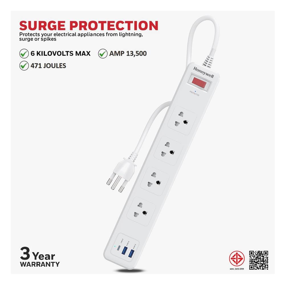 ปลั๊กป้องกันไฟกระชาก 4 ช่อง 2 USB 1 PD HONEYWELL
