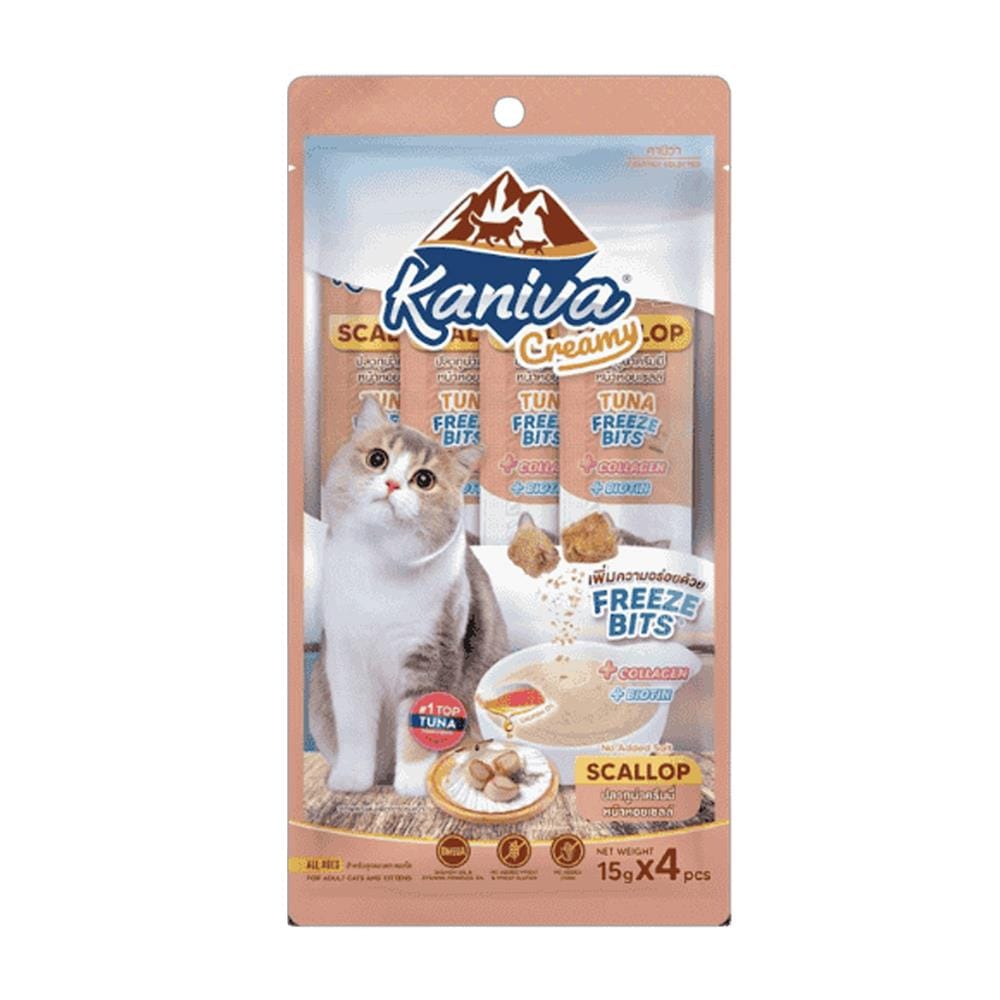 ขนมแมวเลีย KANIVA CREAMY ปลาทูน่าครีมมี่หน้าหอยเซลล์ 15 ก. (แพ็ก 4 ซอง)