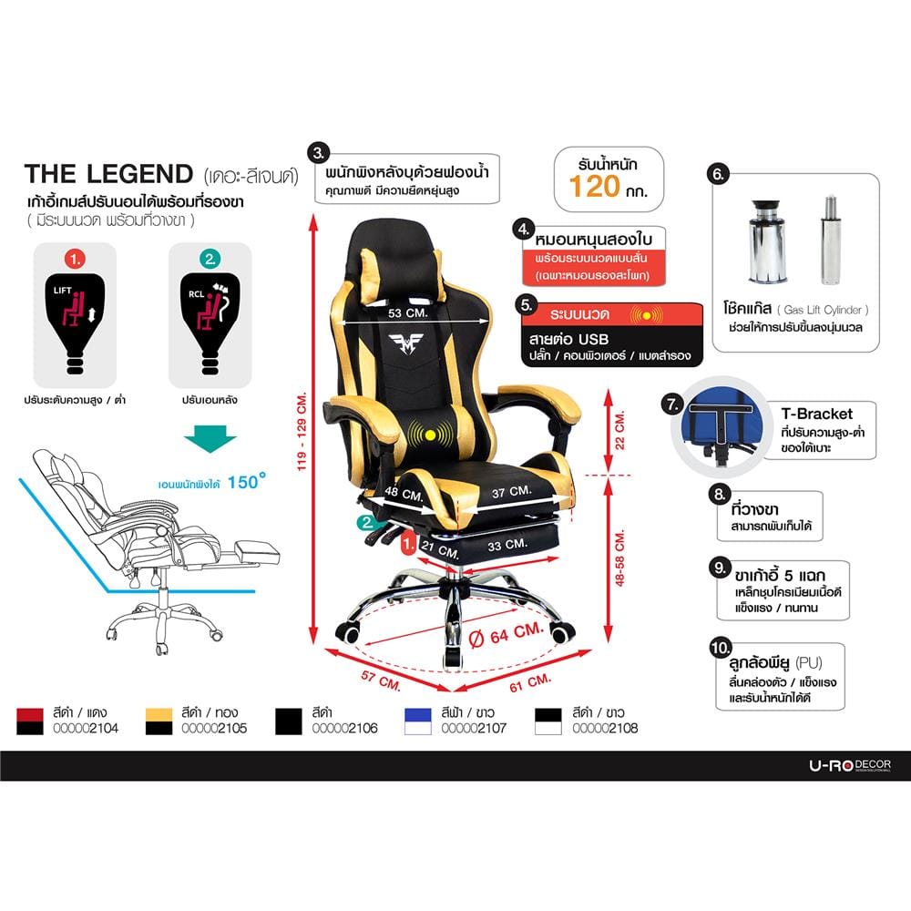เก้าอี้เกมมิ่ง U-RODECOR THE LEGEND สีดำ/ทอง