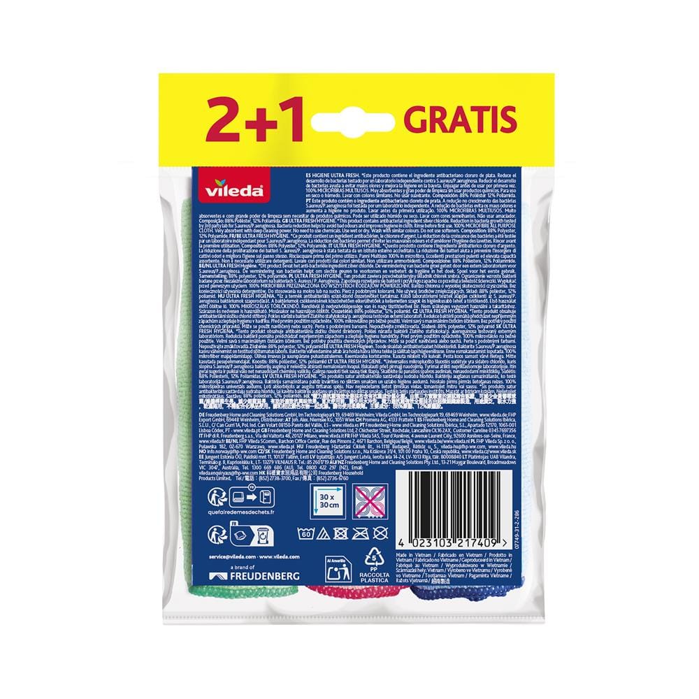 ผ้าไมโครไฟเบอร์ VILEDA ULTRA FRESH 30X30 ซม. (แพ็ก 3 ชิ้น)