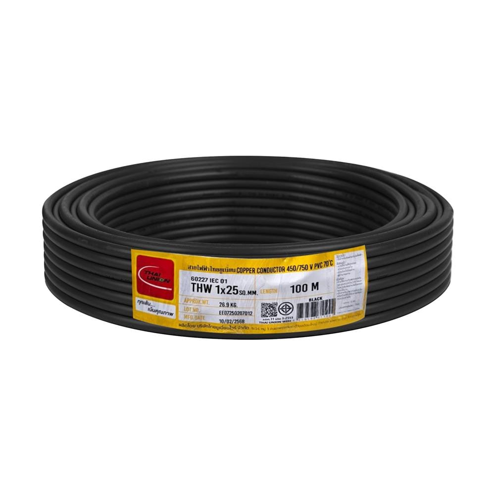 สายไฟ THW IEC01 THAIUNION 1X25 ตร.มม. 100 ม. สีดำ