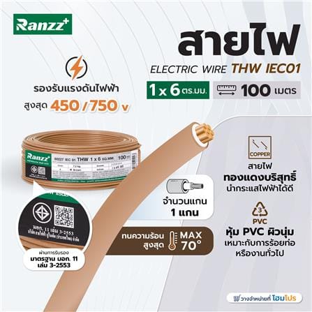 สายไฟ THW IEC01 RANZZ 1x6 ตร.มม. 100 ม. สีน้ำตาล_4