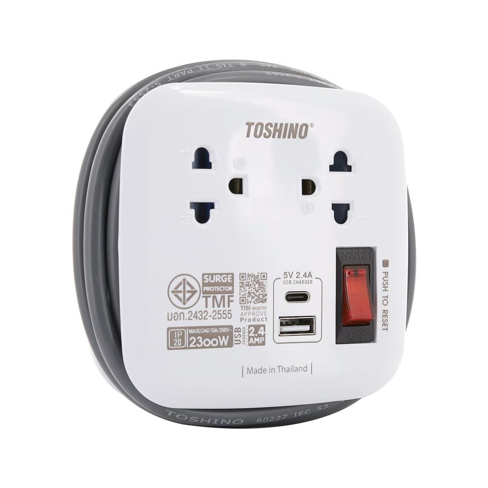 รางปลั๊กไฟพกพา 2 ช่อง 2USB 1A1C 2.4A 10A TOSHINO XP-UC 1.8 ม. สีขาว