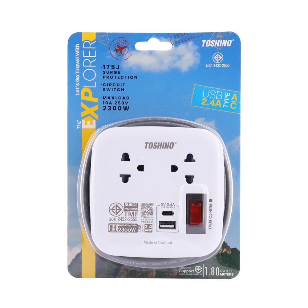 รางปลั๊กไฟพกพา 2 ช่อง 2USB 1A1C 2.4A 10A TOSHINO XP-UC 1.8 ม. สีขาว