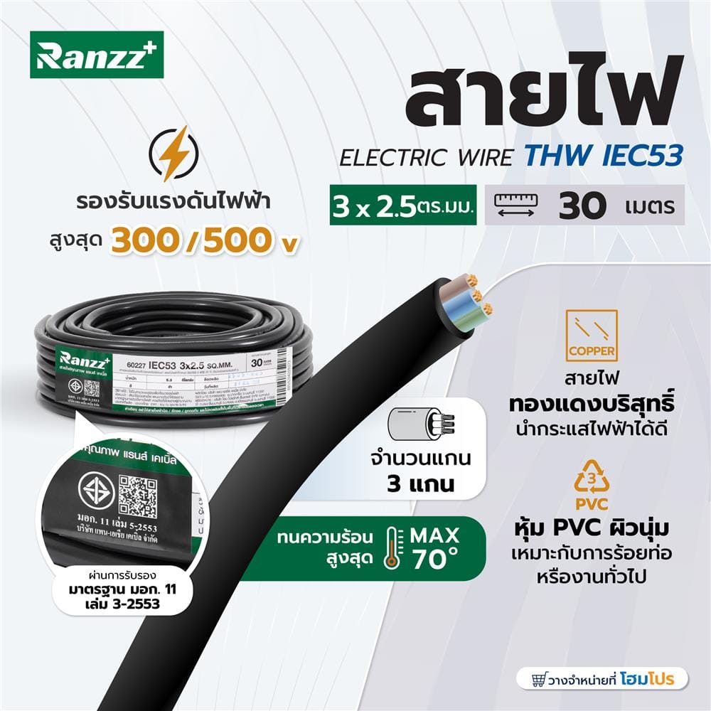 สายไฟ IEC53 RANZZ 3x2.5 ตร.มม. 30 ม. สีดำ
