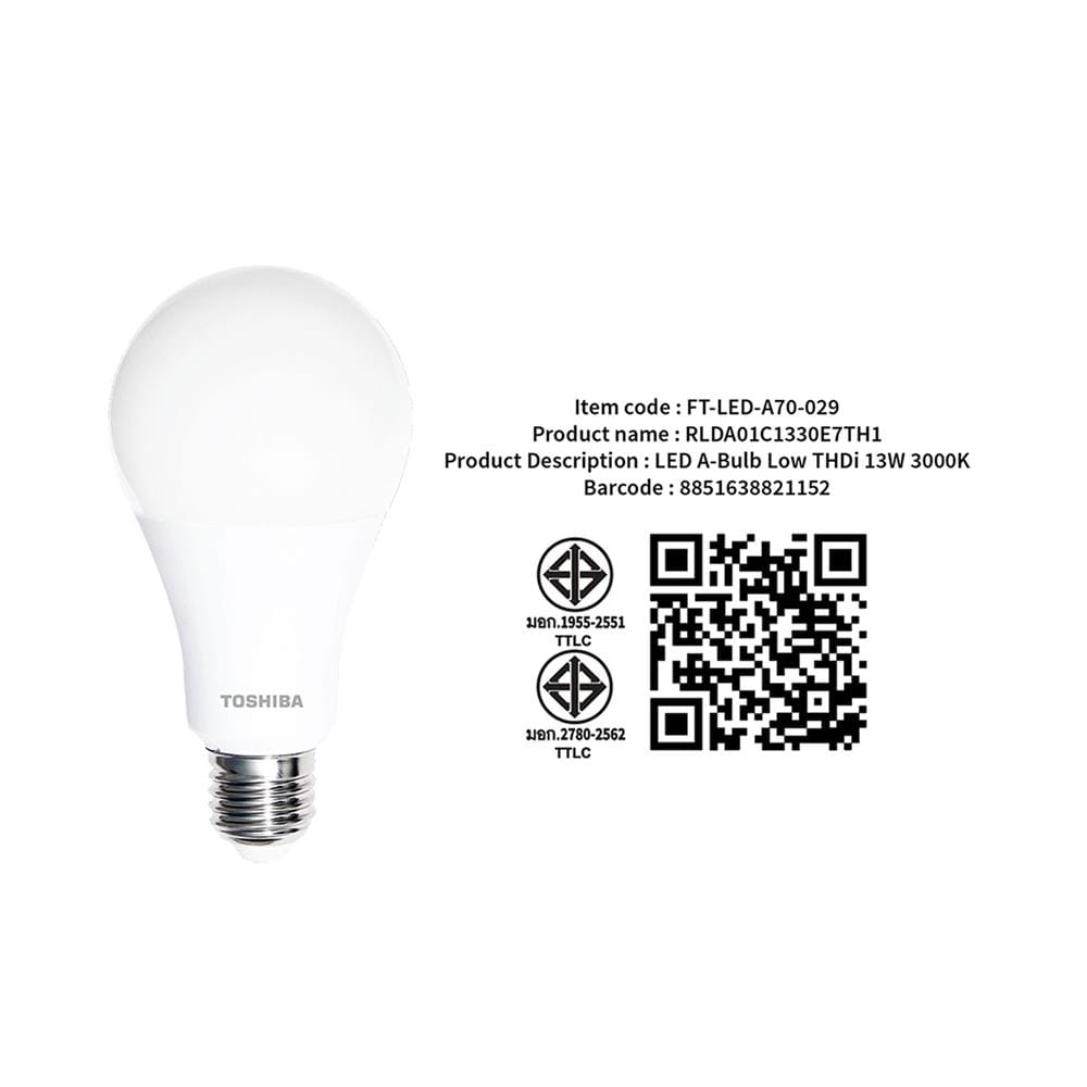 หลอด LED TOSHIBA A70 LOW THDI 13 วัตต์ WARM WHITE E27