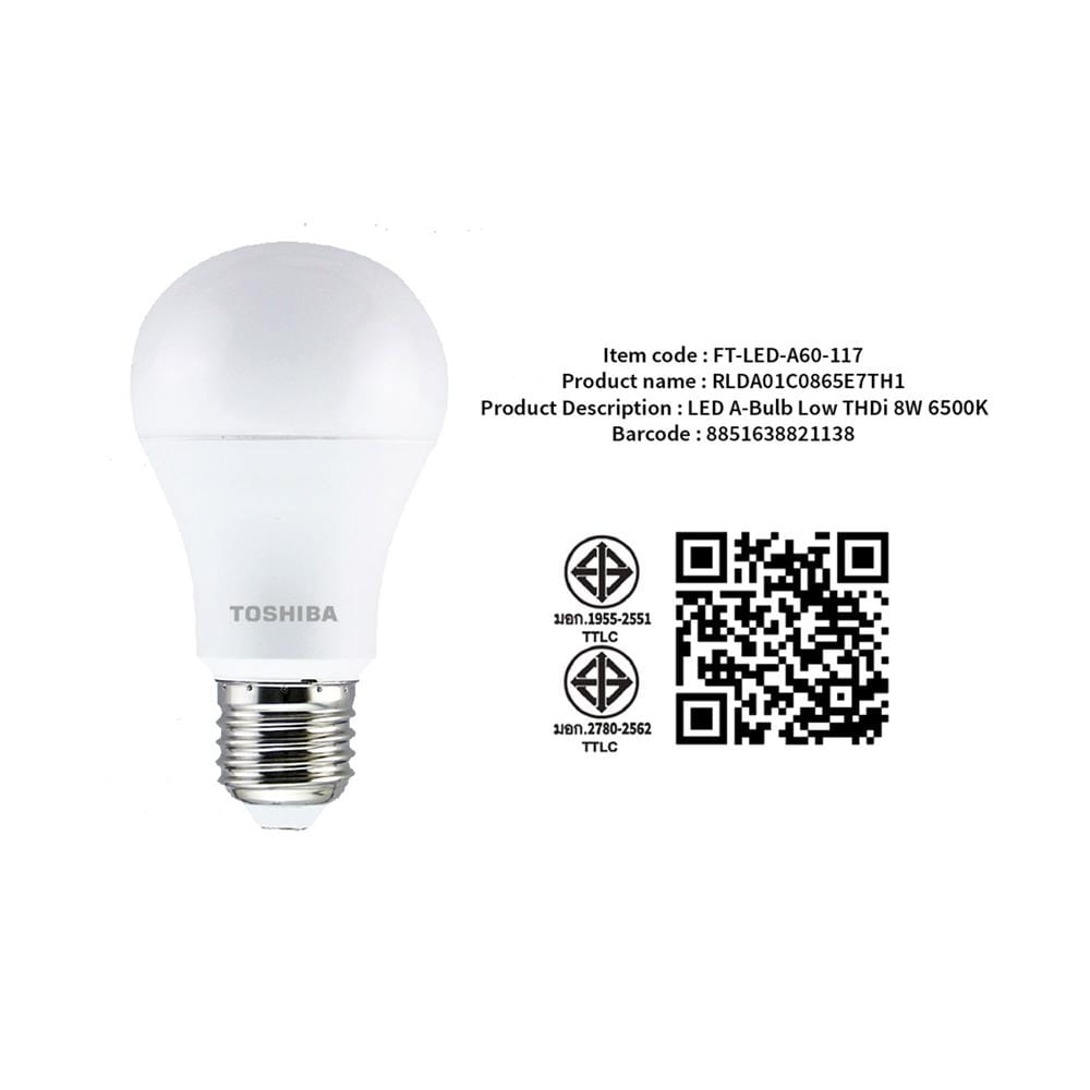 หลอด LED TOSHIBA A60 LOW THDI 8 วัตต์ DAYLIGHT E27