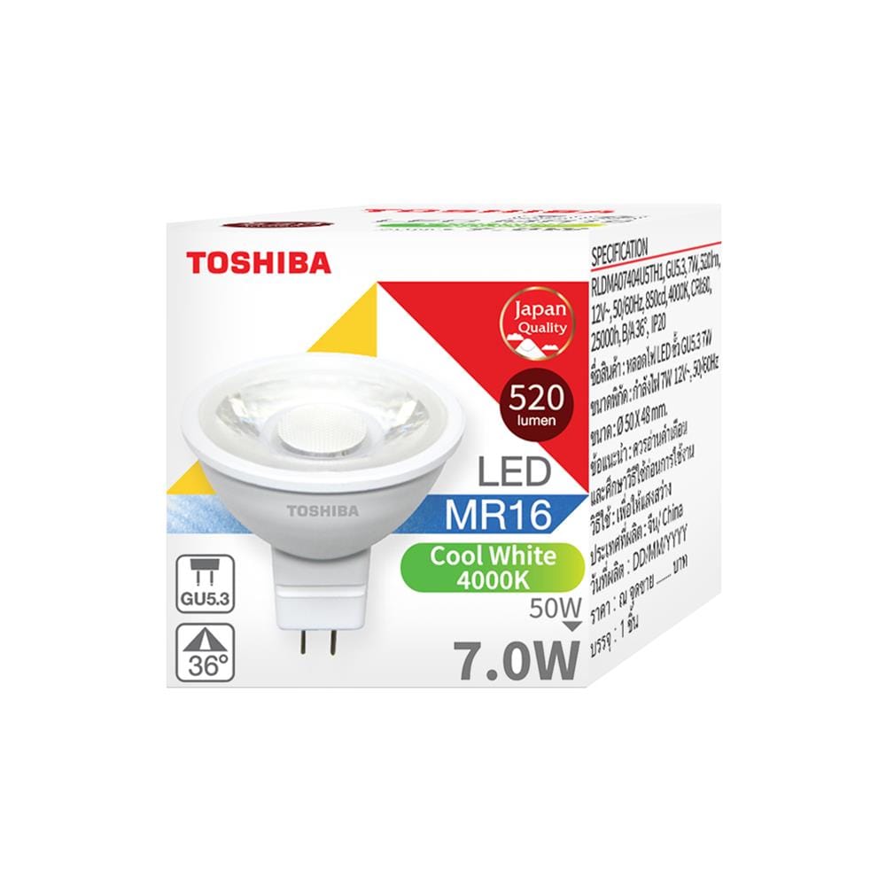 หลอด LED TOSHIBA MR16 4000K 12V 36D 7 วัตต์ COOL WHITE GU5.3