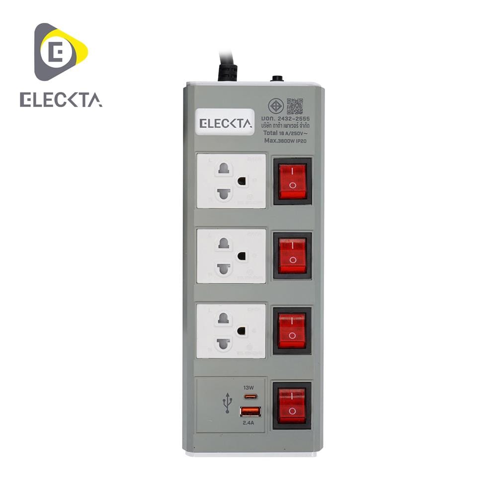 รางปลั๊กไฟ 3 ช่อง 4 สวิตช์ 1 USB-A 1 TYPE-C ELECKTA ETDU4264GY 16 แอมป์ 3 ม. สีเทา