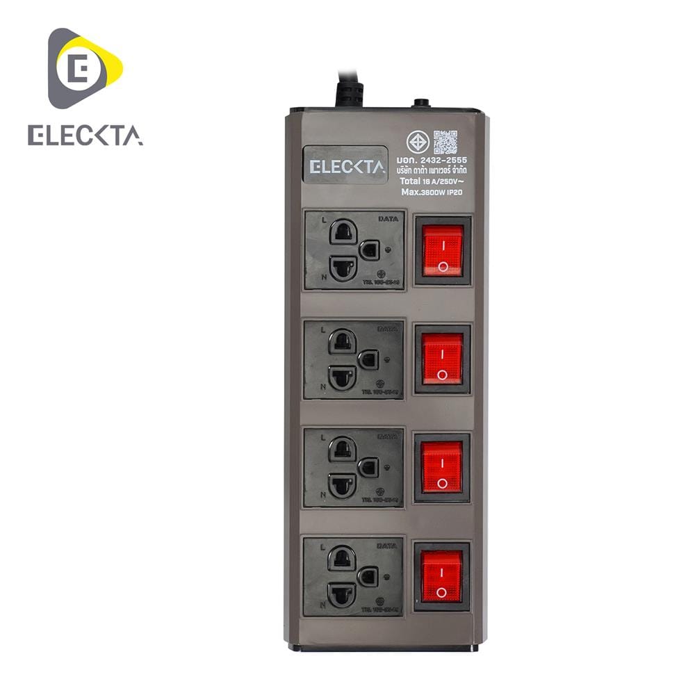 รางปลั๊กไฟ 4 ช่อง 4 สวิตช์ ELECKTA ETDW4664BR 16 แอมป์ 3 ม. สีน้ำตาล