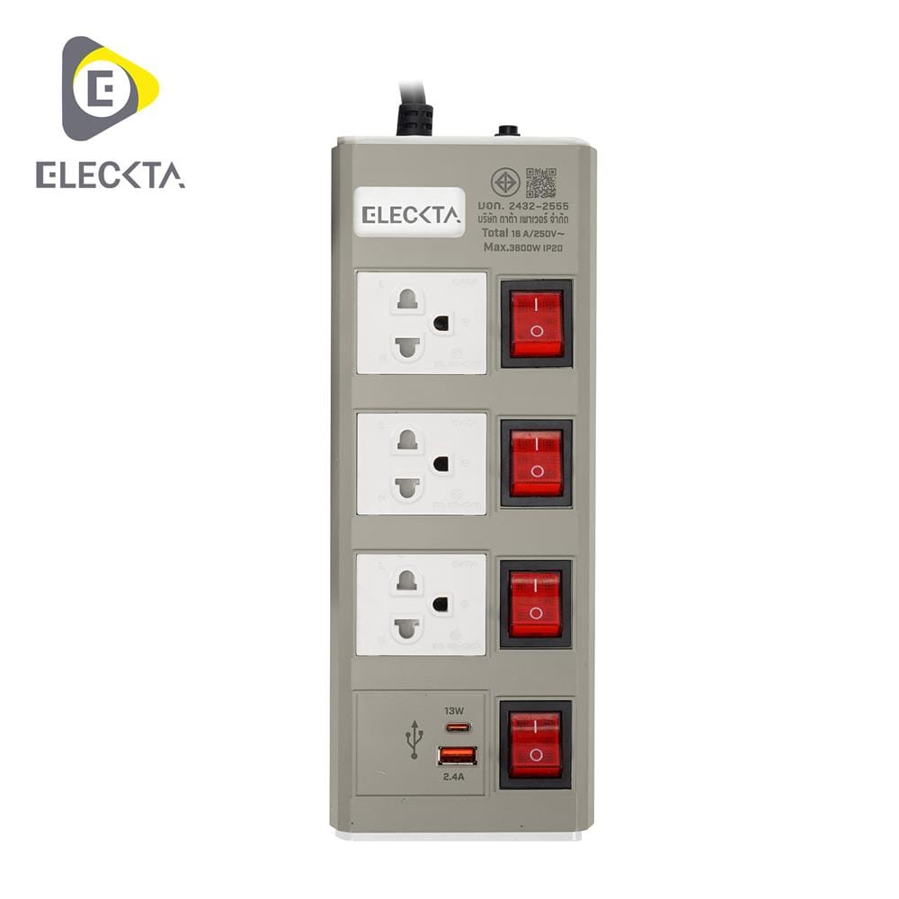 รางปลั๊กไฟ 3 ช่อง 4 สวิตช์ 1 USB-A 1 TYPE-C ELECKTA ETDU4264BE 16 แอมป์ 3 ม. สีเบจ_1