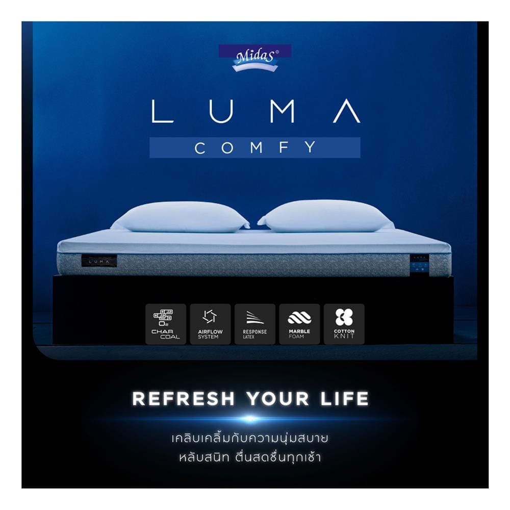 ที่นอนไฮบริด 6 ฟุต สุญญากาศ MIDAS รุ่น LUMA COMFY พร้อมหมอนหนุน 2 ใบ