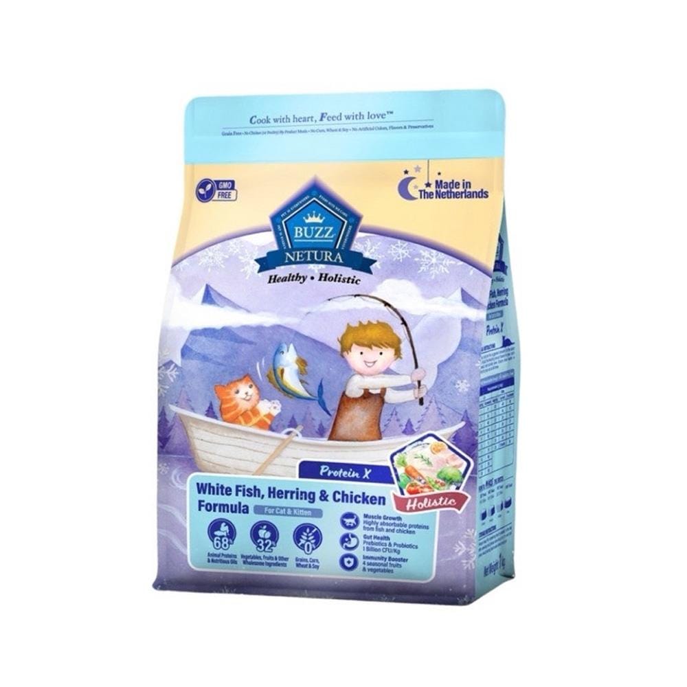 อาหารแมว BUZZ NETURA CAT & KITTEN WHITE FISH HERRING AND CHICKEN 1 กก.