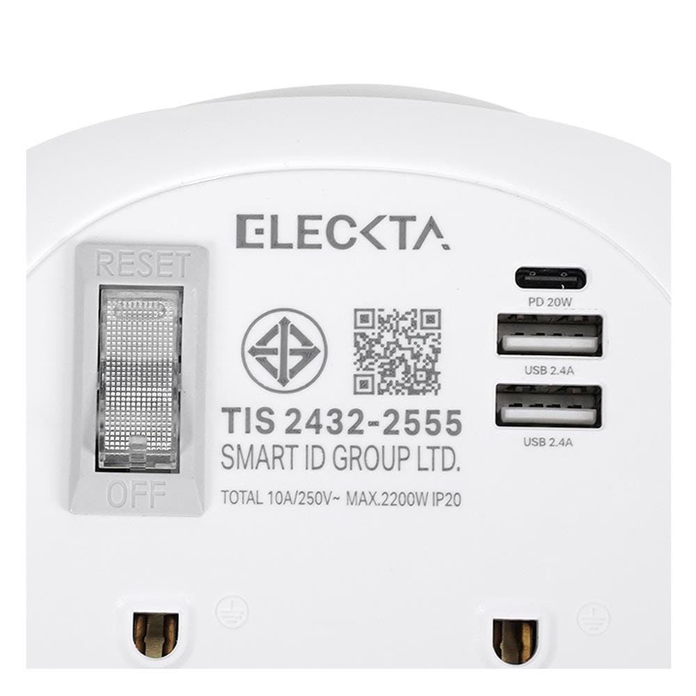 รางปลั๊กไฟพกพา 2 ช่อง 1 สวิตช์ 2 USB-A 1 TYPE-C ELECKTA ET-H9122