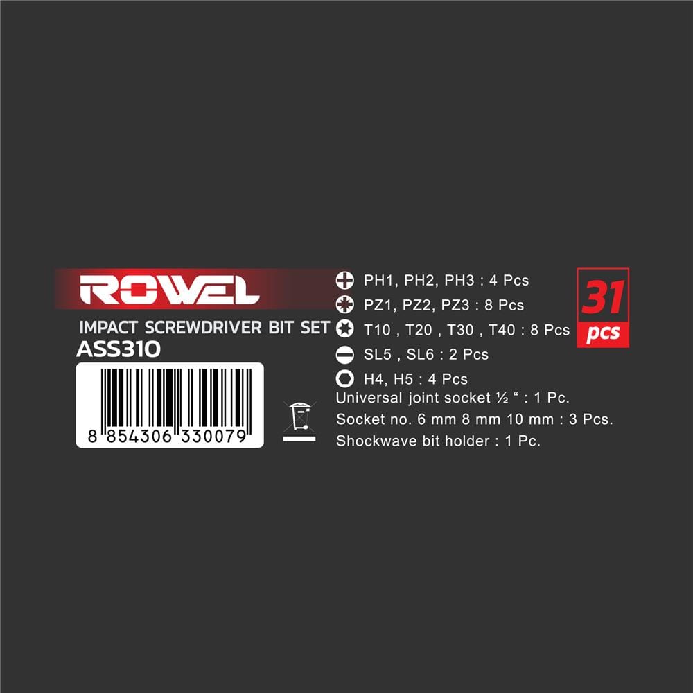 ชุดดอกไขควงและดอกสว่าน ROWEL ASS310 (31 ชิ้น)