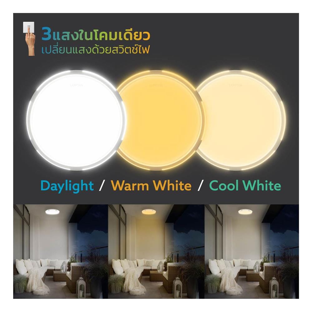 ไฟเพดาน LED LAMPTAN BACKY 15 นิ้ว 40 วัตต์ DAYLIGHT/COOL WHITE/WARM WHITE สีขาว