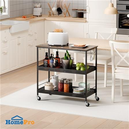 ชั้นวางของเหล็ก 3 ชั้น พร้อม TOP ไม้ มีล้อ STACKO RUSTIC 80x40x81.2 ซม. สีดำ_6