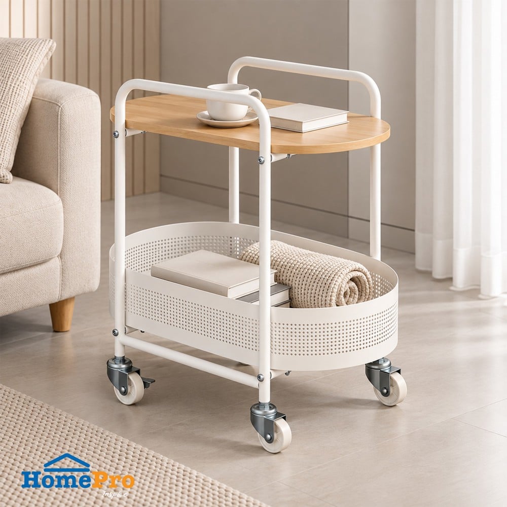 ชั้นวางของ 2 ชั้น พร้อม TOP ไม้ มีล้อ STACKO BOWA 49.5x32.6x54.5 ซม. สีขาว