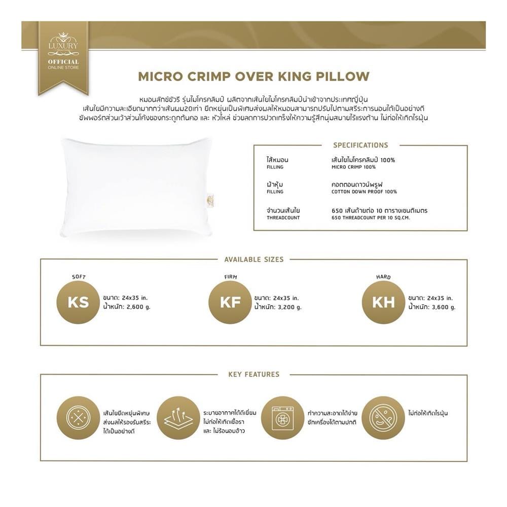 หมอนหนุน ไมโครไฟเบอร์ LUXURY PILLOW CLASSICAL COTTON HARD 24x35 นิ้ว