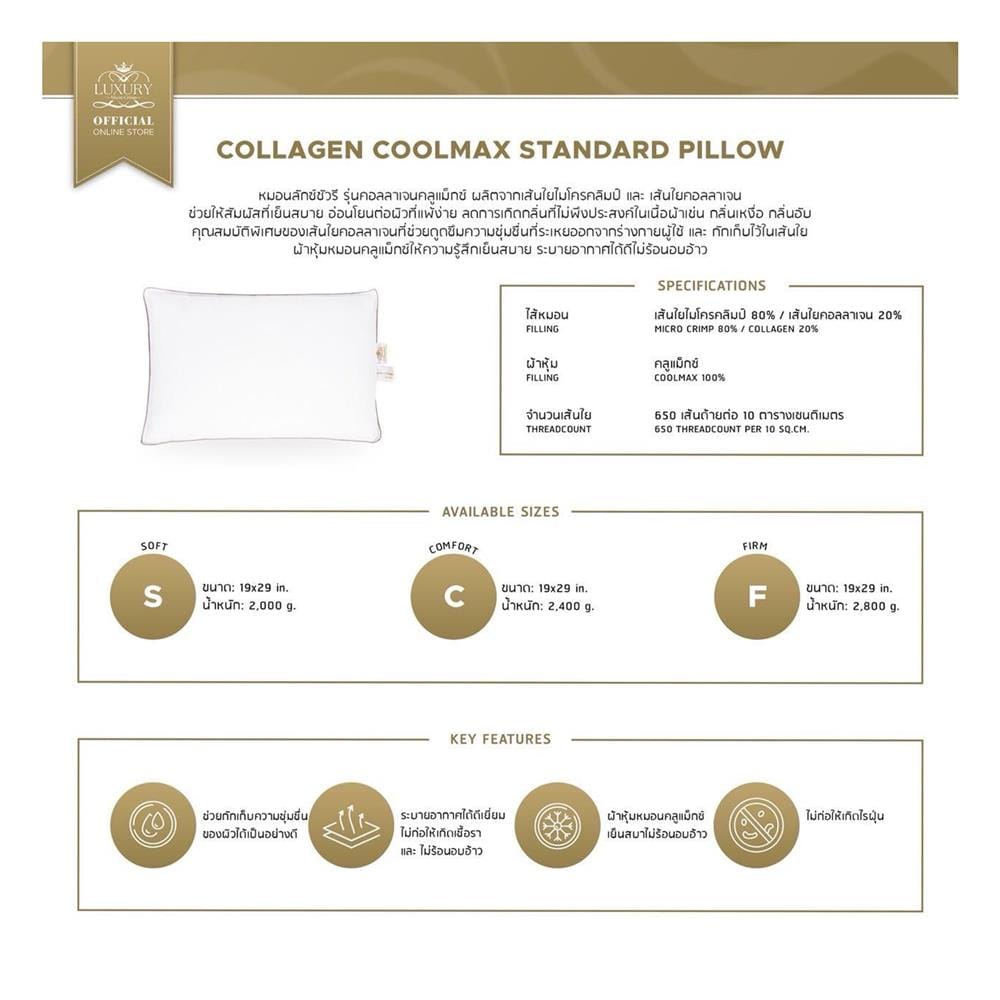 หมอนหนุน ไมโครไฟเบอร์ LUXURY PILLOW COLLAGEN COOLMAX COMFORT 19x29 นิ้ว สีขาว