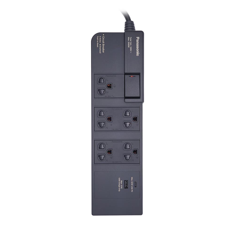 รางปลั๊กไฟ 5 ช่อง 1 สวิตช์ 1 USB 1 TYPE-C PANASONIC WCHG283527 สีดำ