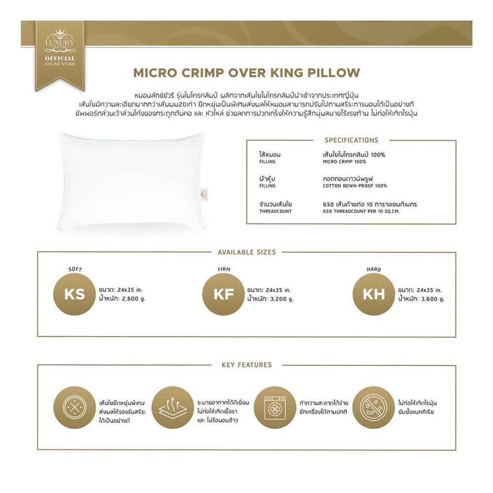 หมอนหนุน ไมโครไฟเบอร์ LUXURY PILLOW CLASSICAL COTTON FIRM 24x35 นิ้ว