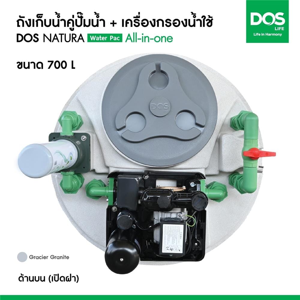 ถังเก็บน้ำ DOS WATER PAC NSN 700 ลิตร+ปั๊ม MITSUBISHI EP405R2 +เครื่องกรองน้ำใช้ DUPONT สีเทากราเซียร์