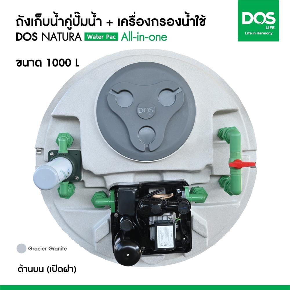 ถังเก็บน้ำ DOS WATER PAC NSN 1000 ลิตร+ปั๊ม MITSUBISHI EP255R2 250 วัตต์+เครื่องกรองน้ำใช้ DUPONT สีเทากราเซียร์