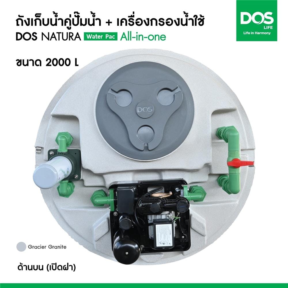 ถังเก็บน้ำ DOS WATER PAC NSN 2000 ลิตร+ปั๊ม MITSUBISHI EP255R2 250 วัตต์+เครื่องกรองน้ำใช้ DUPONT สีเทากราเซียร์