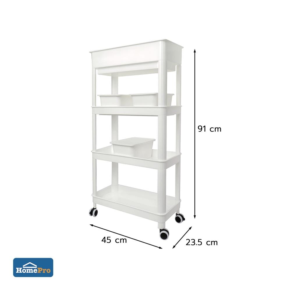 ชั้นพลาสติก 4 ชั้นพร้อมล้อ STACKO GENIE 45x23.5x91 ซม. สีขาว