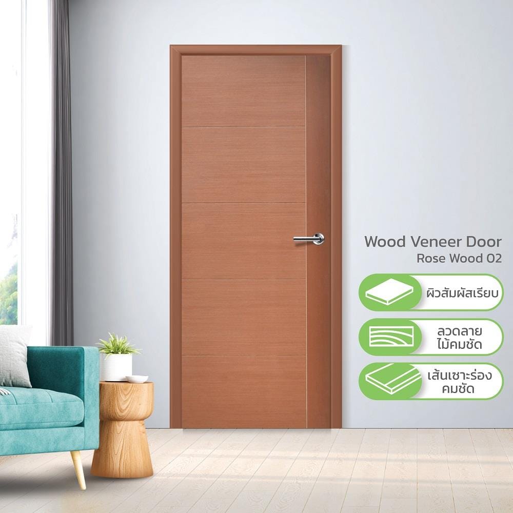 ประตูภายใน HDF ไม่เจาะลูกบิด METRO ROSE WOOD 02 VENEER 90x200 ซม. สีไม้สัก
