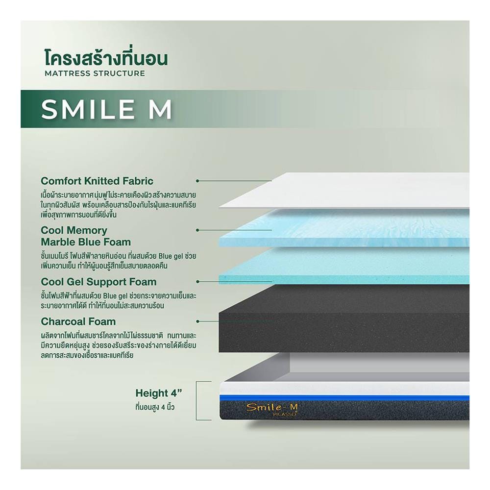 ที่นอนเมมโมรี่โฟม 3.5 ฟุต สุญญากาศ PICASSO รุ่น SMILE M พร้อมหมอนหนุน 1 ใบ