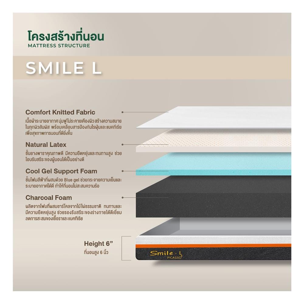 ที่นอนยางพารา 6 ฟุต สุญญากาศ PICASSO รุ่น SMILE L พร้อมหมอนหนุน 2 ใบ