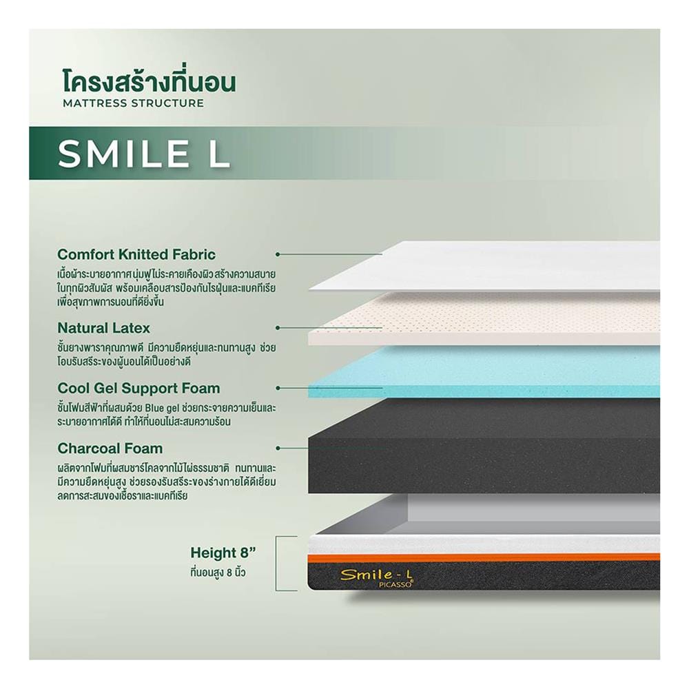 ที่นอนยางพารา 3.5 ฟุต สุญญากาศ PICASSO รุ่น SMILE L พร้อมหมอนหนุน 1 ใบ
