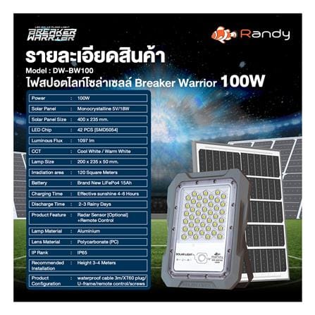 สปอตไลท์ SOLAR RANDY DW-BW 100 วัตต์ COOL WHITE สีเทา_11
