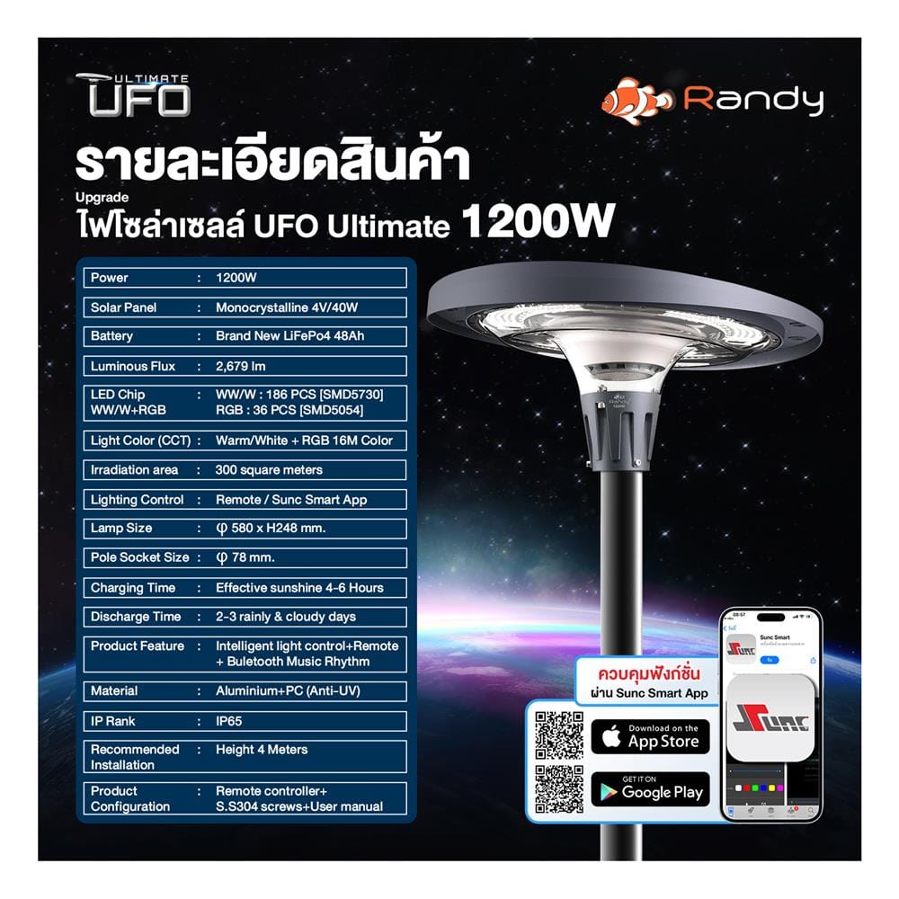 ไฟสนาม SOLAR RANDY DW-EW 1,200 วัตต์ RGB สีดำ
