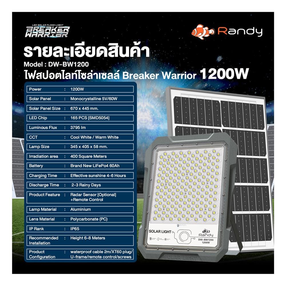 สปอตไลท์ SOLAR RANDY DW-BW 1,200 วัตต์ COOL WHITE สีเทา