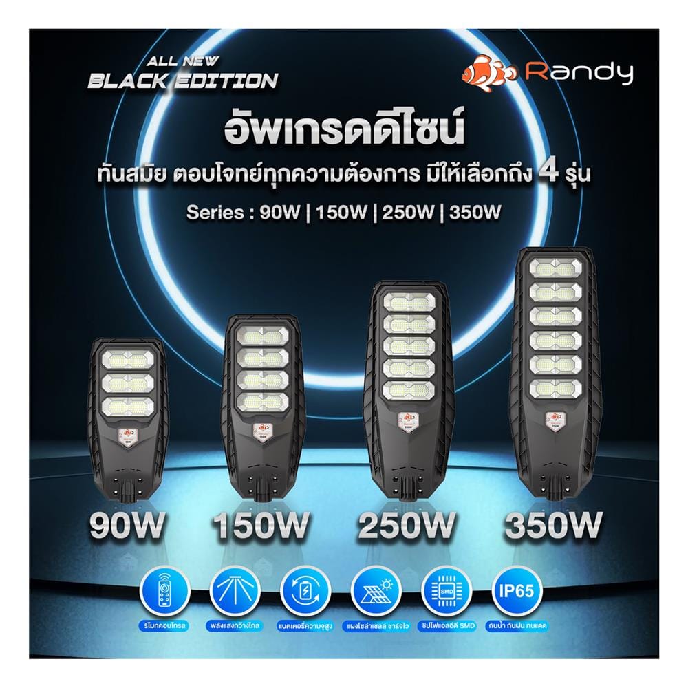 ไฟถนน SOLAR RANDY DW-LH9090 90 วัตต์ DAYLIGHT สีดำ
