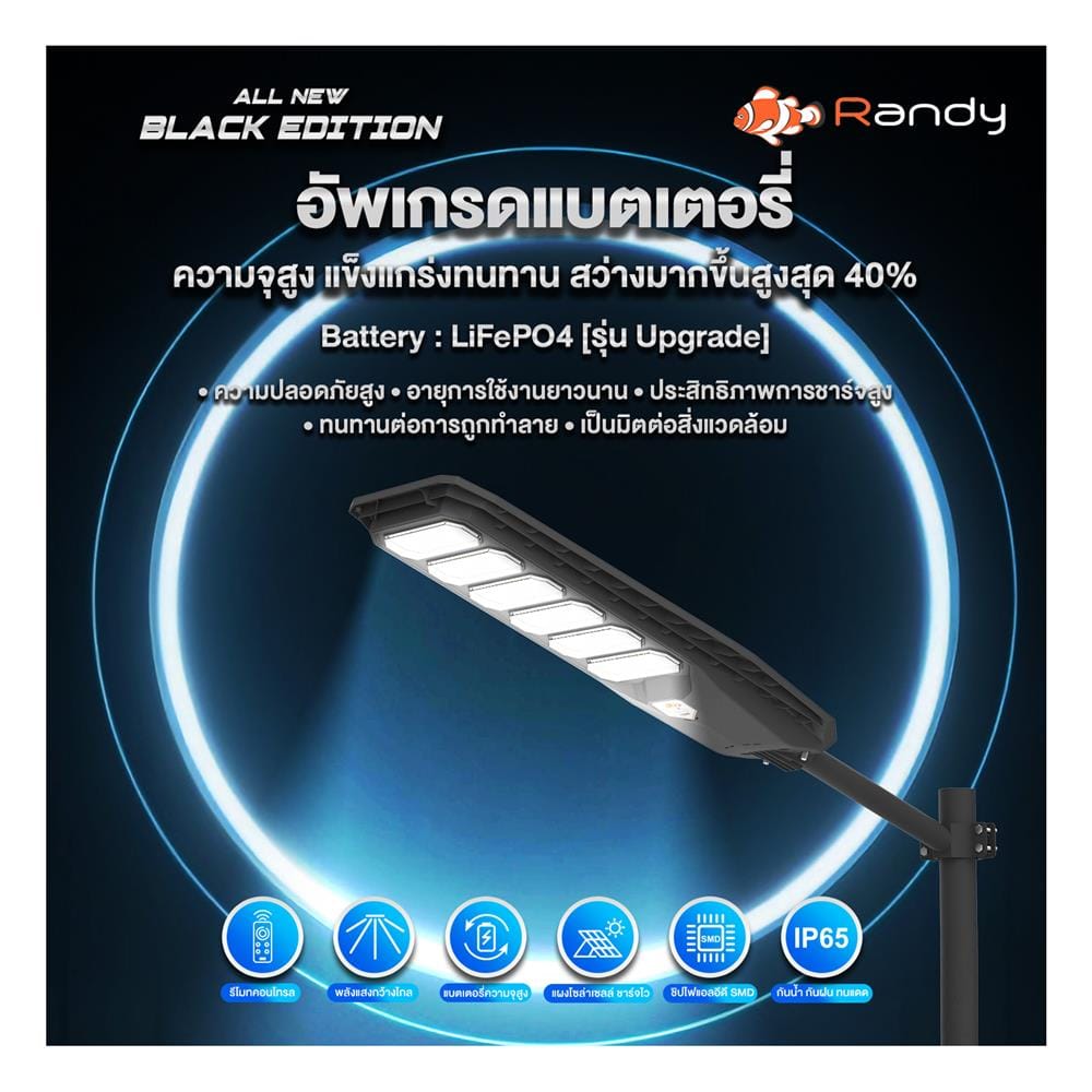 ไฟถนน SOLAR RANDY DW-LH9090 90 วัตต์ DAYLIGHT สีดำ
