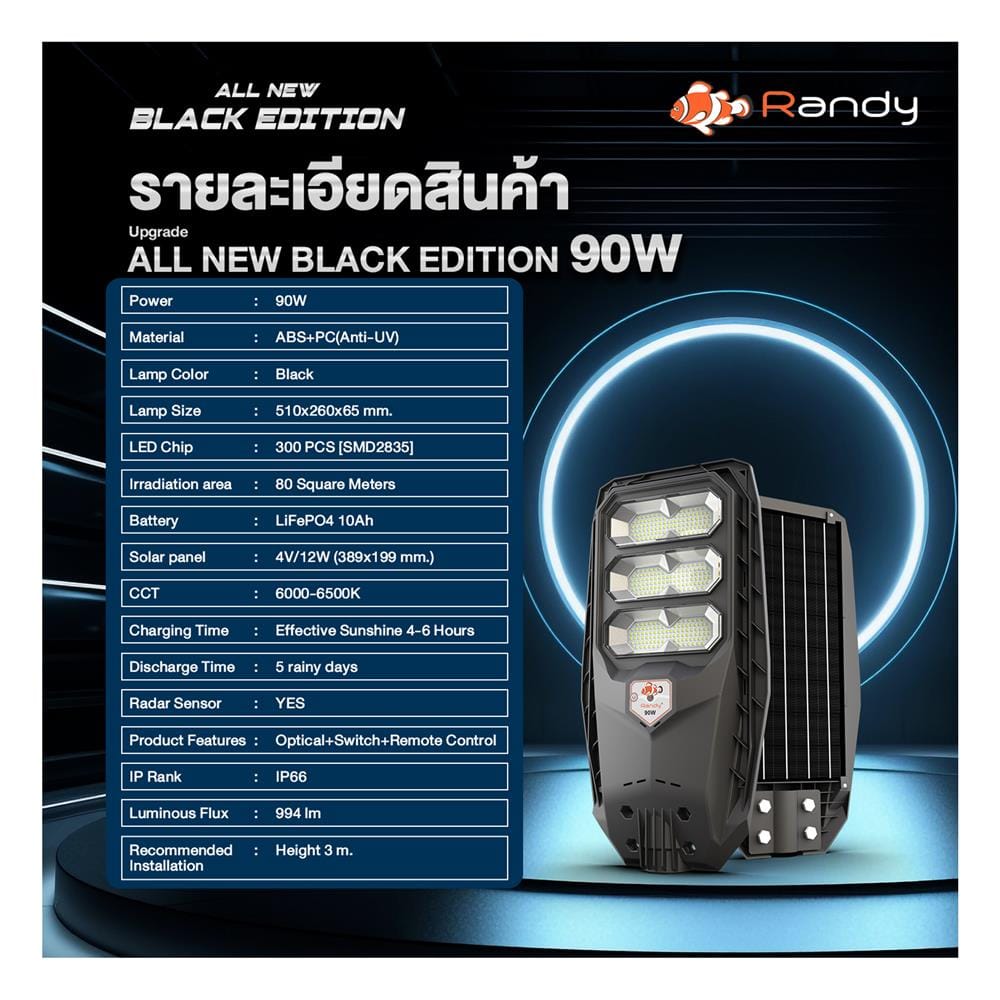 ไฟถนน SOLAR RANDY DW-LH9090 90 วัตต์ DAYLIGHT สีดำ