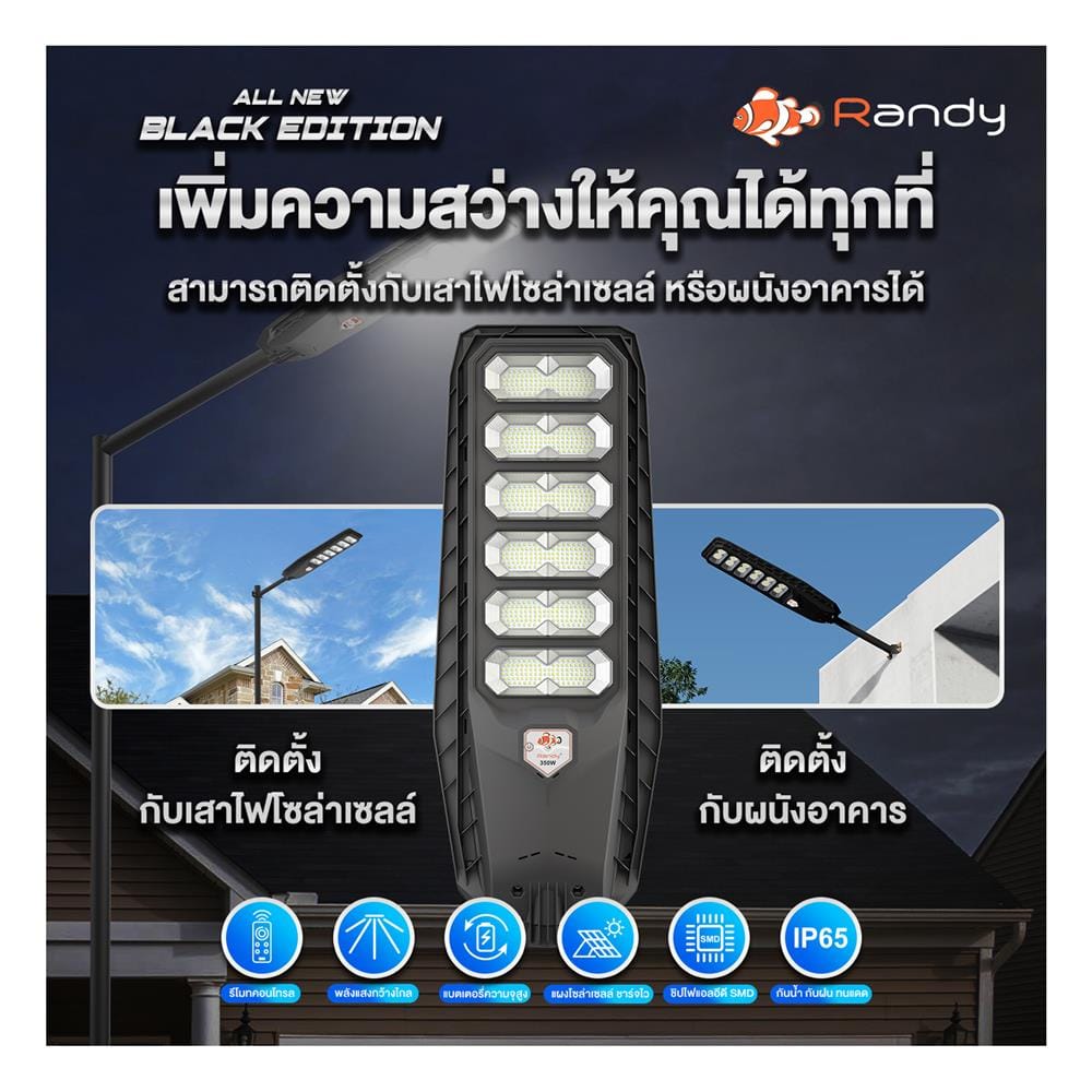 ไฟถนน SOLAR RANDY DW-LH9350 350 วัตต์ DAYLIGHT สีดำ